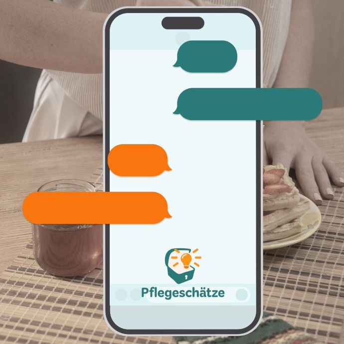 Im Hintergrund ein Bild von einem Frühstückstisch. Im Vordergrund ein schemenhaftes Handy mit leeren Nachrichtenblasen. Unten im Handy das Logo von Pflegeschätze. Das Logo ist eine Schatztruhe mit einer Glühbirne drin.